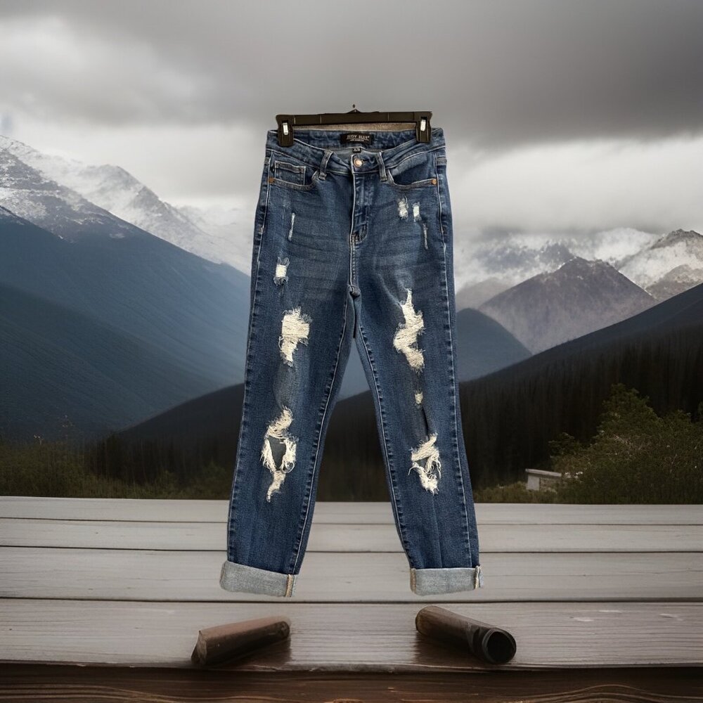 JUDY BLUE Jeans 3/26 Denim Boyfriend Fit Distressed Straight Leg JB88220 STRETCH